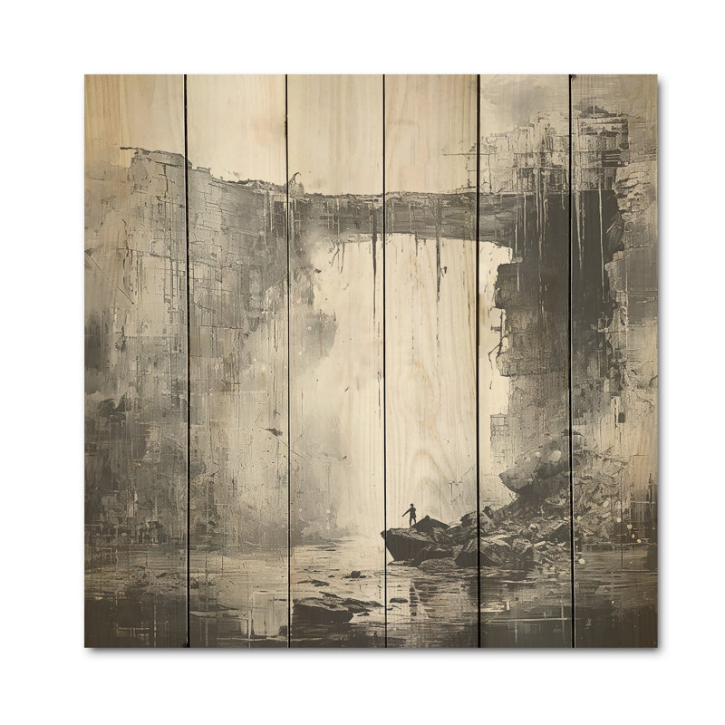 Adventourous Waterfall Caves - Waterfall Wood Panel Wall Art On Natural Pine Wood, 15" H x 15" W