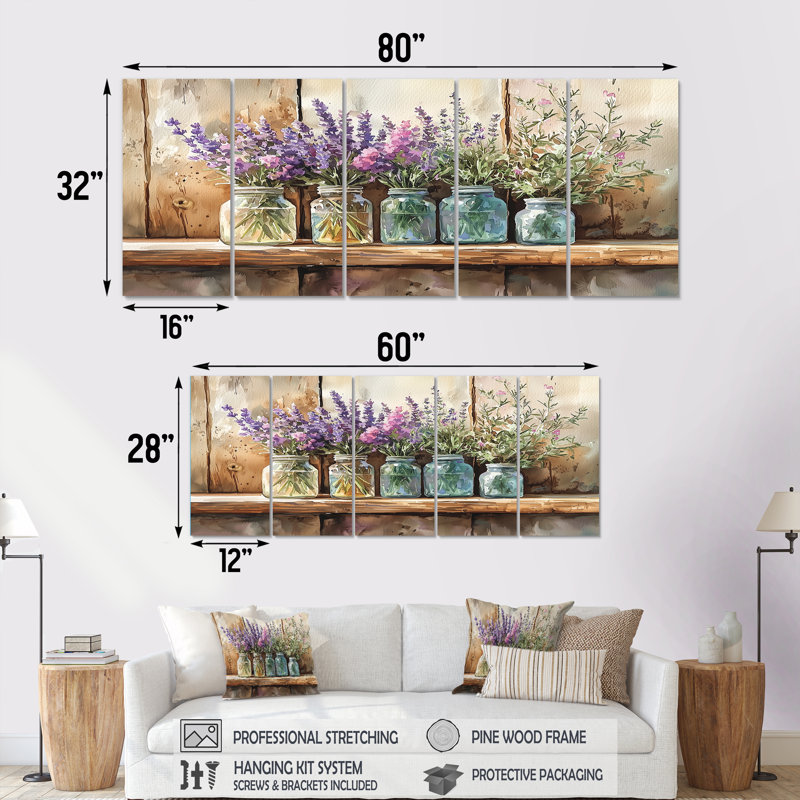Jacine - lavande, art mural - ensemble d'art mural traditionnel, 5, H 32 po x l 80 po