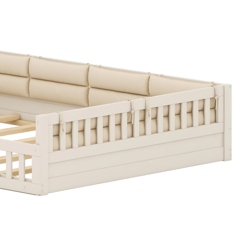 Wooden Upholstered Platform Bed with Protective Guardrail, Beige
