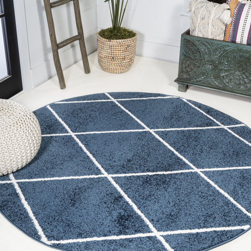 Bertrice Minimalist Diamond Trellis Navy/White Rug, Round 5'3"