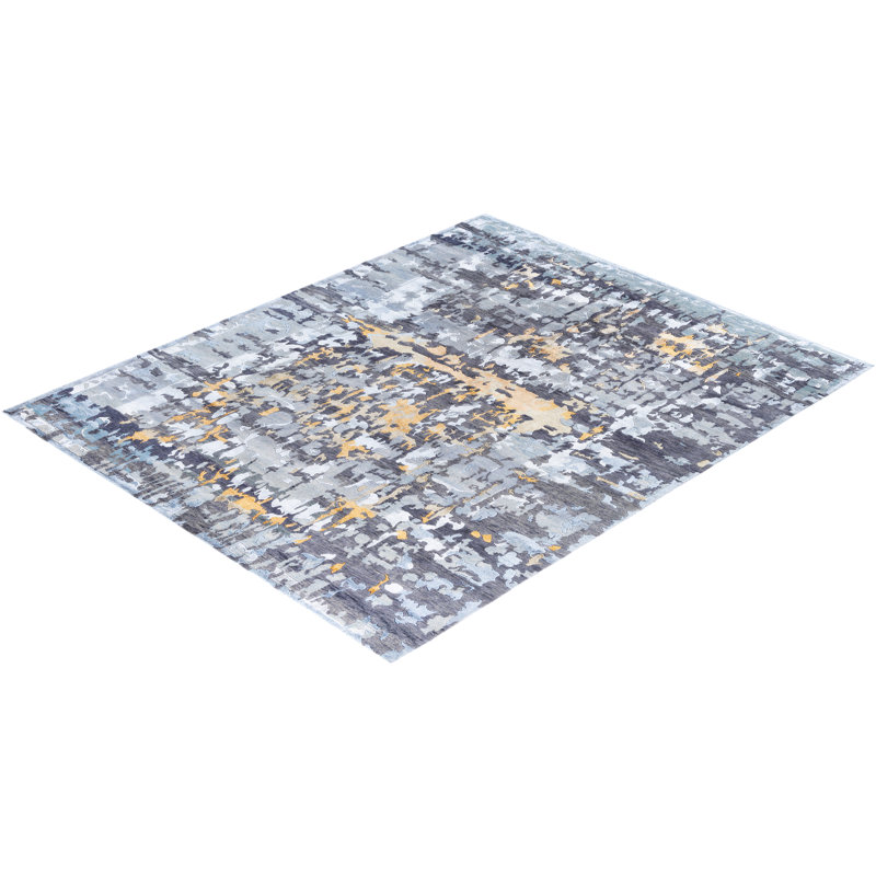 Gray Hand-Knotted Wool and Silk Rectangular Area Rug