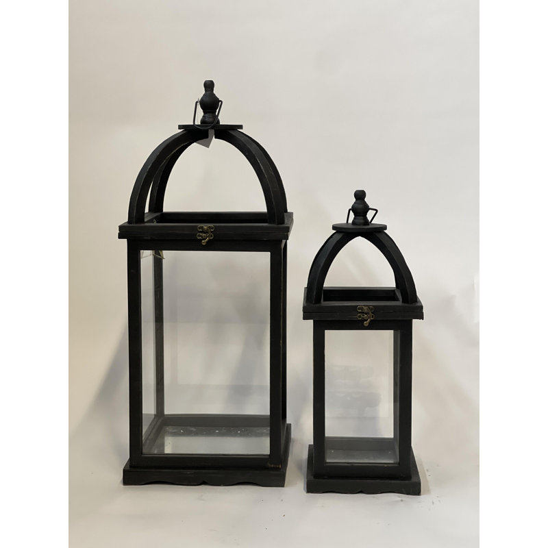 Set Of 2 Vintage Look With Metal Handles Black Frame And Glass Walls Lanterns