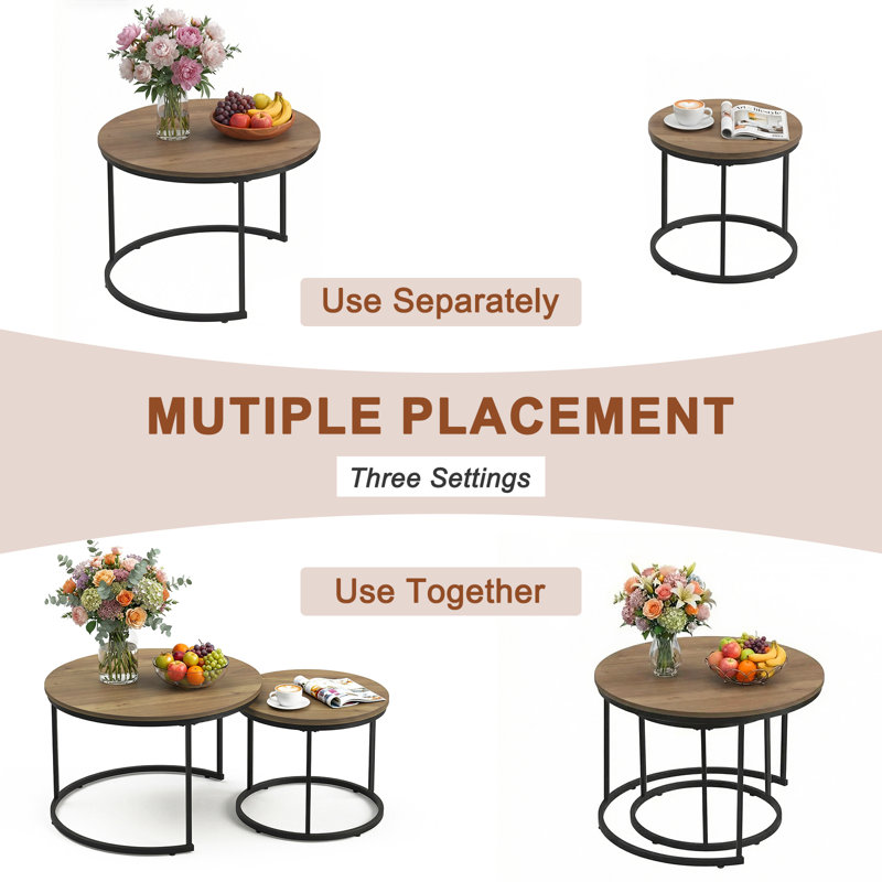 2-pieces Round Nesting Coffee Table Metal Frame And Wood Finish Side Tables, Brown