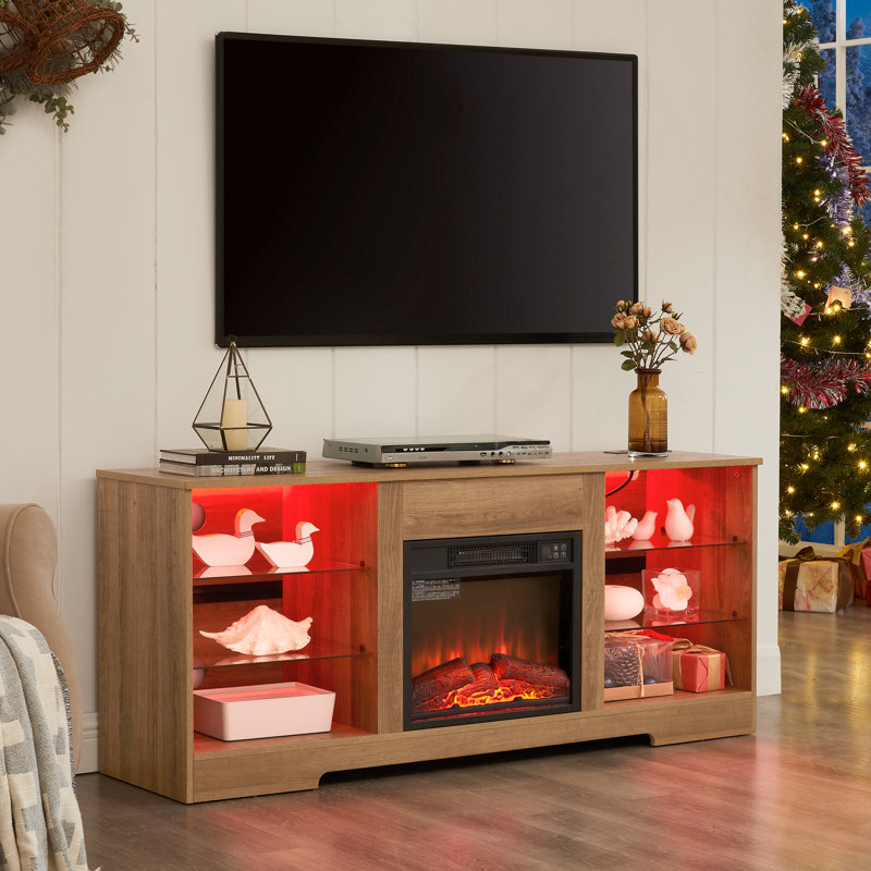 Console de foyer électrique pour téléviseur, grand espace de rangement, chêne, support de 62 po, bureau à couleurs de flammes réglables, vitesse réaliste, chargement, télé, chêne, P 15,5 po