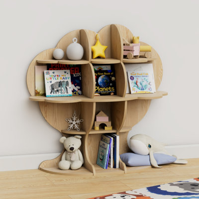 Genivive Tree Kids Bookshelf, Wood Bookcase, 12-Cubby Children Toy Storage Organizer Book Shelf, Baby Montessori Bookshelf and Toy Storage