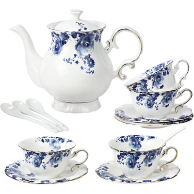 Service à thé 13 pièces pour 4, théière en porcelaine à motif floral bleu et blanc avec tasses à thé, soucoupes et cuillères