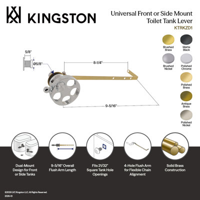 Levier de réservoir de toilette universel Kingston Brass Wendell à montage frontal ou latéral