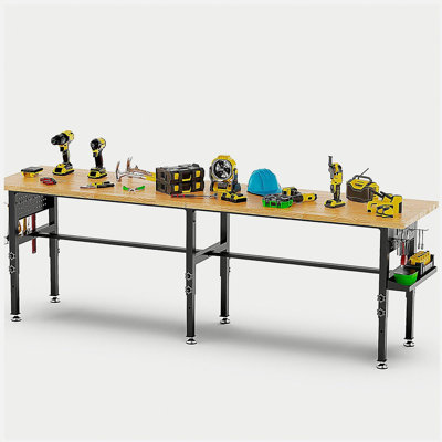 96" Adjustable Workbench with Side Pegboard, Solid Wood Top, 2000 lbs Capacity, Adjustable Height Garage Work Table with Power Outlet, Storage Box, Wheels or Leveling Feet