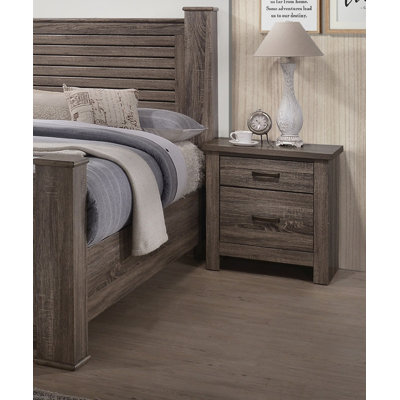 Soma 24 Inch Rustic 2 Drawer Nightstand, Sleek Metal Bar Handles, Oak Gray by Latitude Run