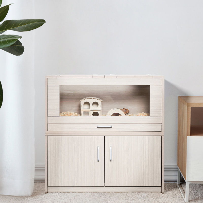 Cage en cochon d'Inde en bois massif avec armoire de rangement séparée et fenêtres en acrylique - Peut accueillir un hamster, un chinchilla, une vue facile à nettoyer