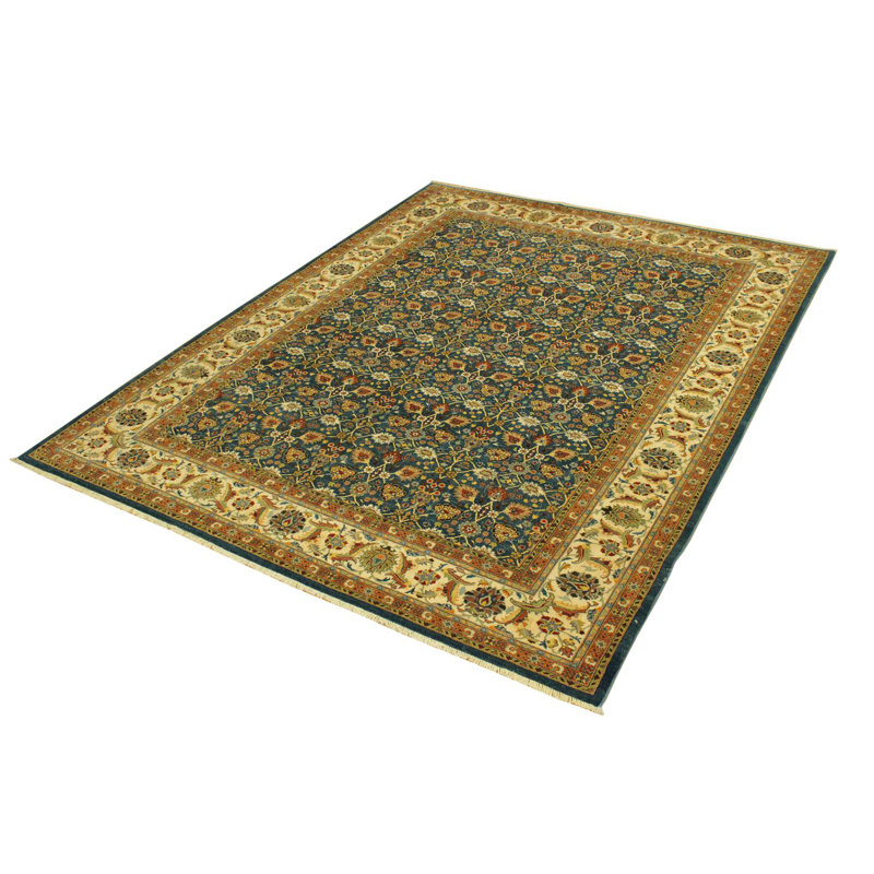 Tapis vert / ivoire en laine noué à la main 9 pi 2 po x 11 pi 7 po Abagail