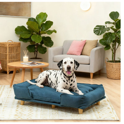 Canapé surélevé pour animal de compagnie avec coussin confortable, pieds en bois de pin