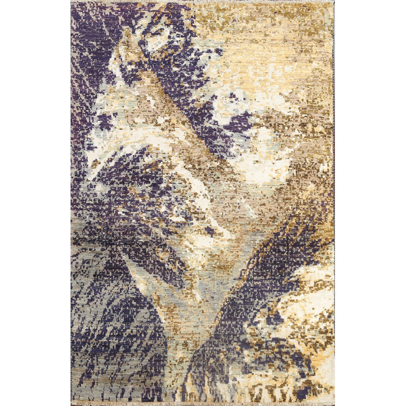 Tapis oriental contemporain abstrait à motif végétal noué à la main 4 x 6