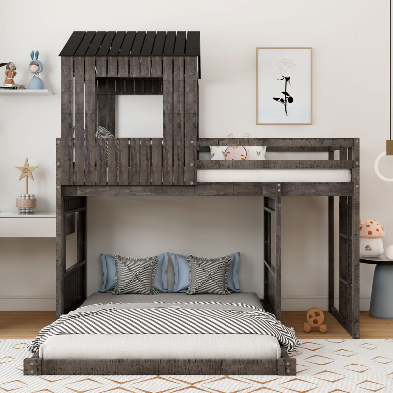 Lit superposé en bois avec maisonnette, Gris antique