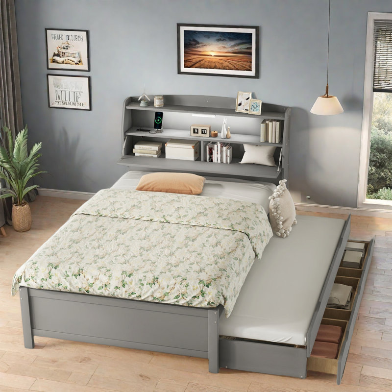 Lit plateforme en bois avec lit gigogne, tête de lit et tiroirs de rangement, Gris, Double