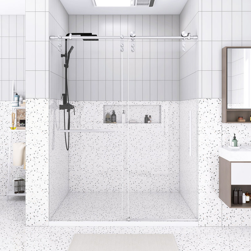 56-60" X 76" H Frameless Single Sliding Shower Door, 5/16" (8Mm) Clear Tempered Glass, Premium Stainless Steel Hardware,Brushed Nickel