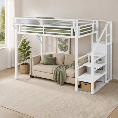 Lit mezzanine simple TG avec escalier, lit mezzanine en métal avec tablettes de rangement, lit mezzanine haut avec garde-robe pour enfants, noir