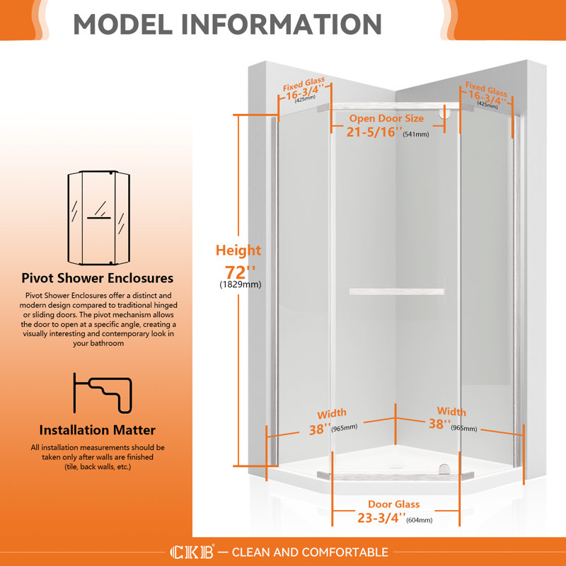 Brushed Nickel 38" x 72" Semi-Frameless Neo-Angle Shower Door