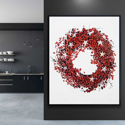Red Berry Wreath - Botanical Livingroom Framed Canvas Decor