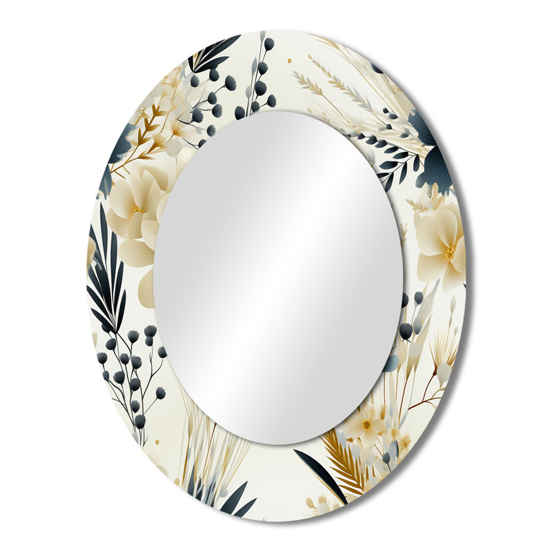 Neutre gris Accents de fleurs - Miroir décoratif floral ovale sur métal, H 43 po x l 33 po