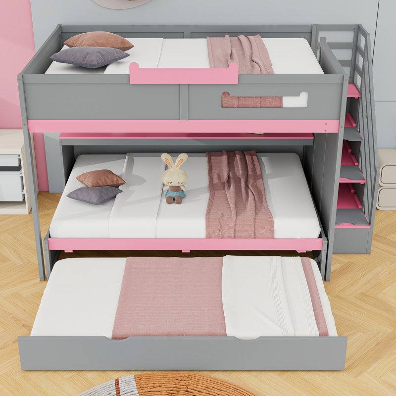 Wooden Bunk Bed with Storage Staircase and LED Lighting and Shelves, Gray