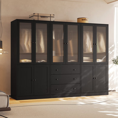 20"D x 94.5"W x 71"H Modern Armoire With Soft-Close Doors — Fluted Glass Wardrobe Closet With Shelves & Drawers