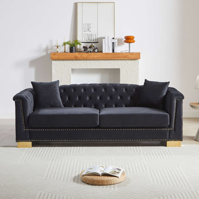 Canapé classique classique, canapé Chesterfield de 84 pouces avec accoudoirs roulés classiques et nuages décoratifs à pampilles en velours, canapé de luxe trois places convenant aux salons, chambres à coucher, appartements