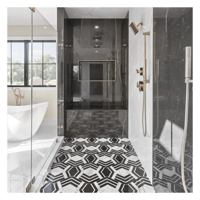 Mezzo 11x18 Polished Calacatta Marble Mosaic Tile, Bordeaux Polished