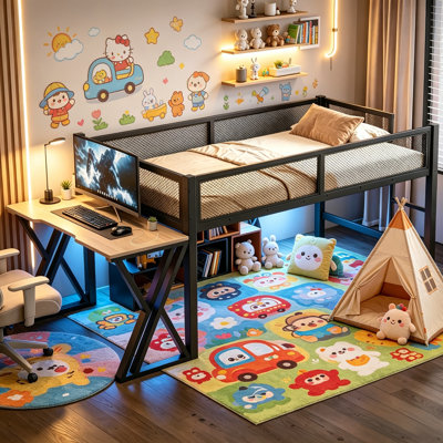 Loft Bed, Gaming Loft Bed with Built-in Desk, X-Shaped Leg, LED Lights & USB Charging Ports, Mesh Guardrail & Staircase, Black Metal & MDF Frame, Space Saving Elevated Bed, Twin XL Size.