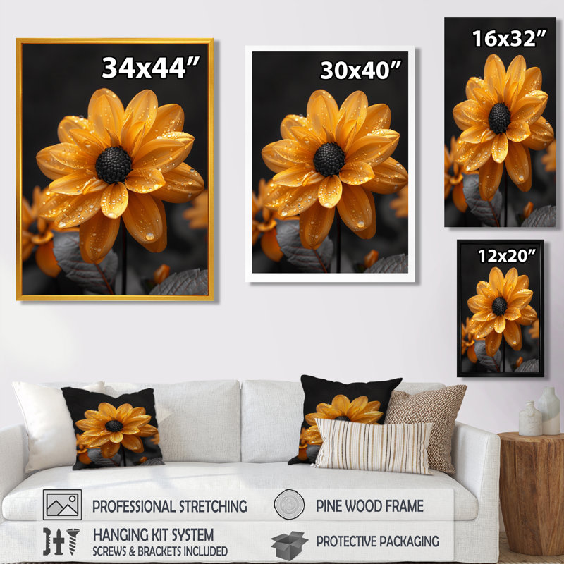 Décoration murale monochrome jaune et noir Dahlia Moment II - Dahlia, Encadrement argenté, H 20 po x l 12 po x P 1 po