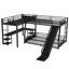 Lit superposé triple en L en forme de L, plateau double TG, lit double, lit mezzanine simple TG, bureau, tablettes, USB, glissière, noir