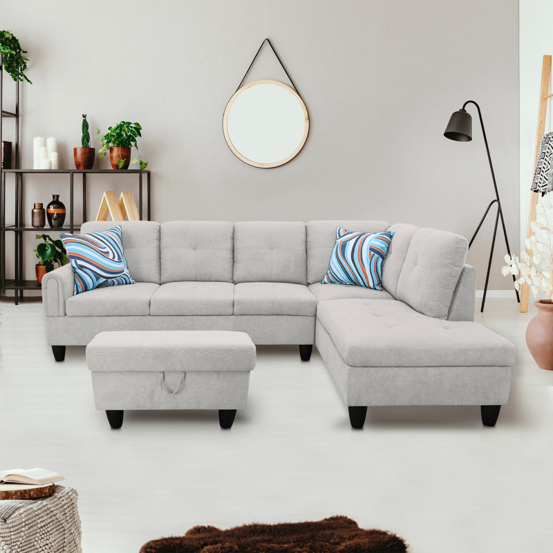 Gonen 3 - Piece Upholstered Sectional with Storage Ottoman, Right Hand Facing, Gray White Velvet/Linen Blend