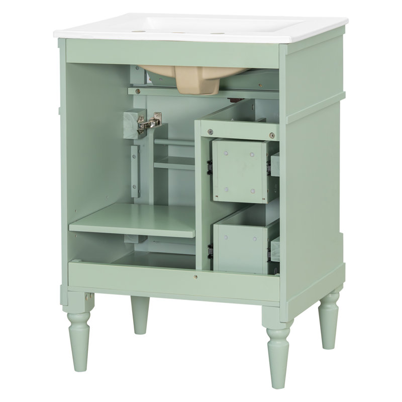 Meuble-lavabo sur pied simple 24 po avec tiroirs et tablette réglable, Vert, Doré