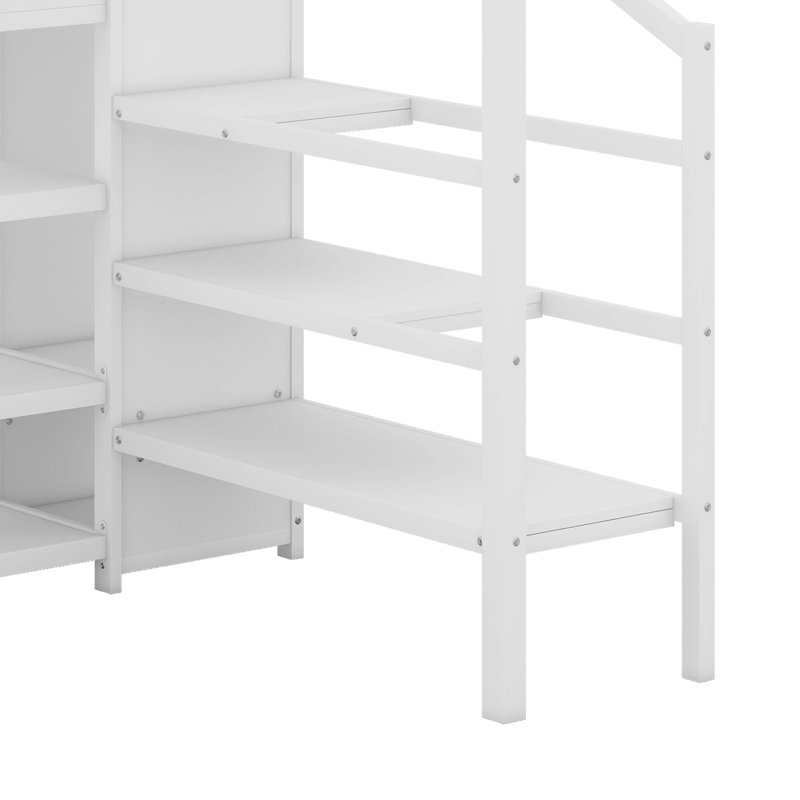 Lit mezzanine double en métal avec meuble télé, lit mezzanine en métal avec escalier et garde-robe, Blanc