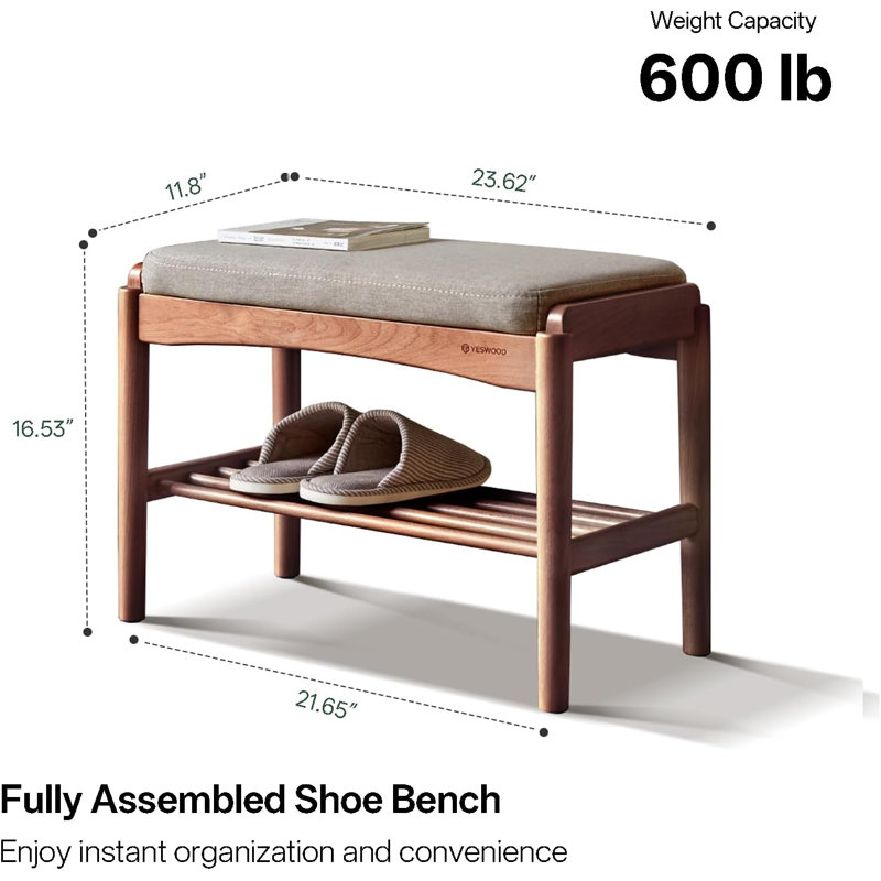 Banc à chaussures rembourré en chêne massif, H 16,53 po x l 23,62 po x P 11,8 po, Noyer américain / gris