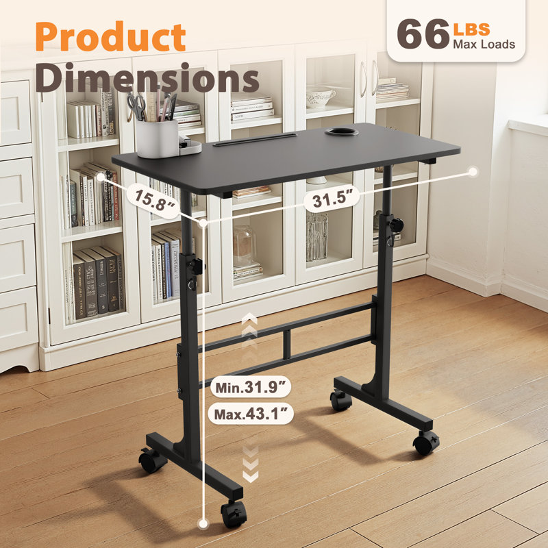 Small Standing Desk Adjustable Height Portable Rolling Desks with Wheels, Black