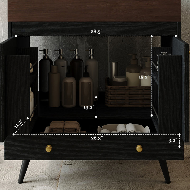 Meuble-lavabo autoportant contemporain avec plateau en faux marbre et lavabo en céramique, Noir