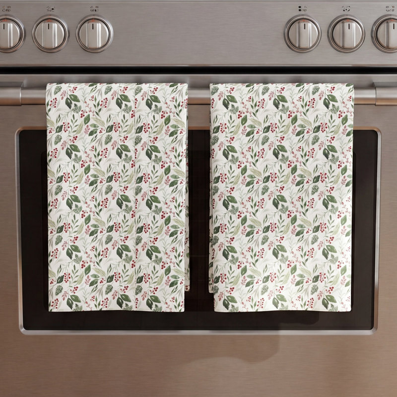 Teton Digitally Printed Set Of 2 Holiday Kitchen Towels - Watercolor Floral, 20" X 30"