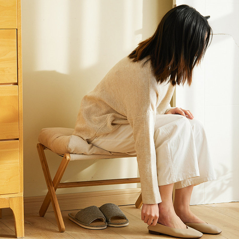 Beige Foldable Footstool Bamboo Legs Soft-Padded Footsmats Shoe-Change Stool
