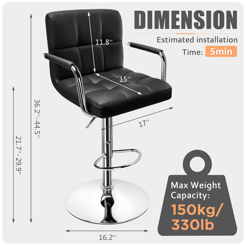 Ensemble de 2 tabourets de bar avec dossier et accoudoirs pivotants Soontrans, Argent argent, Argent argent, Noir