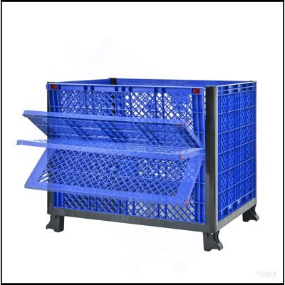 Collapside Bulk Container with mesh walls total capacity of 600 lbs Stacks up to 4 high for a total of 2000 lbs and includes 4 feet for stacking,blue