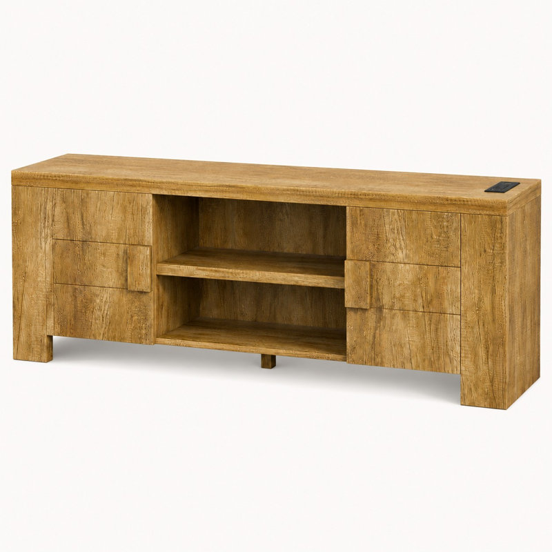 Meuble télé de style champêtre de 70,1 po de large pour téléviseurs jusqu'à 80 po avec prise de courant, armoires de rangement et étagères ouvertes.