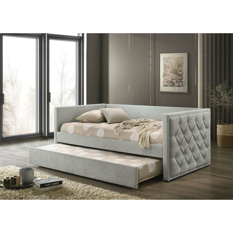 Transitional Style 1Pc Twin Size Daybed W/ Trundle Diamond Button Tufting Slim Track Arms Mattress Ready Primary Living Room