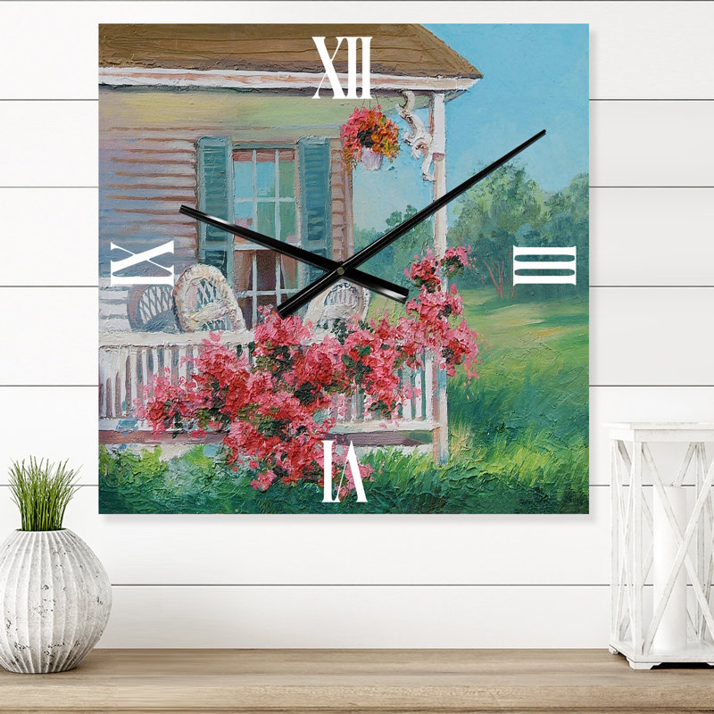 Horloge murale en bois avec patio et fleurs en fleurs, Petit
