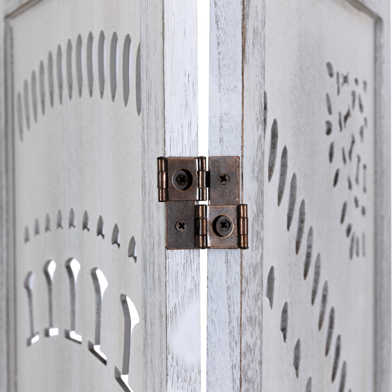 Paravent en bois massif 67 po avec motif floral sculpté à la main, Blanc, 3