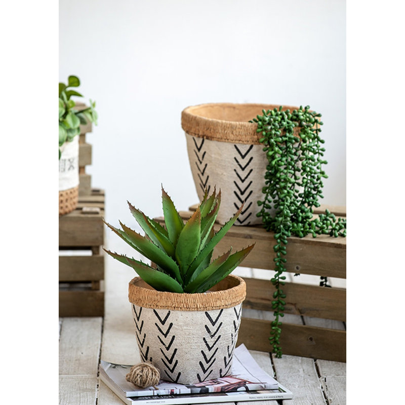 Two Cement Planters In White And Brown With Distinctive Black V Pattern, Large 10.2X10.2X7.9 Inches, Small 7.9X7.9X6.7 Inches - Ideal For Floral Arrangements Eclectic Settings Pair Of Featuring Size