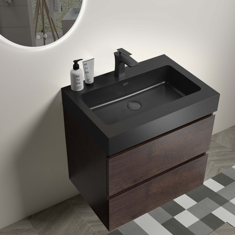 Meuble-lavabo de salle de bain avec lavabo, grand meuble-lavabo flottant mural, Noir, noir, noir, noir, Noyer