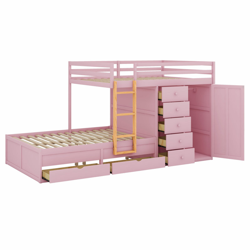 Lit superposé fonctionnel en bois avec tiroirs et petite armoire intégrée, Rose Sakura