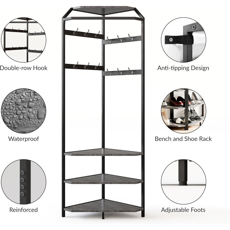 Tetragon Corner Coat Rack Hall Tree With 12 Hooks