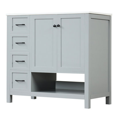Meuble-lavabo de 36 po - Gris, bois massif et deux tiroirs de porte, lavabo en céramique, gris moderne durable et armoire, armoire pratique